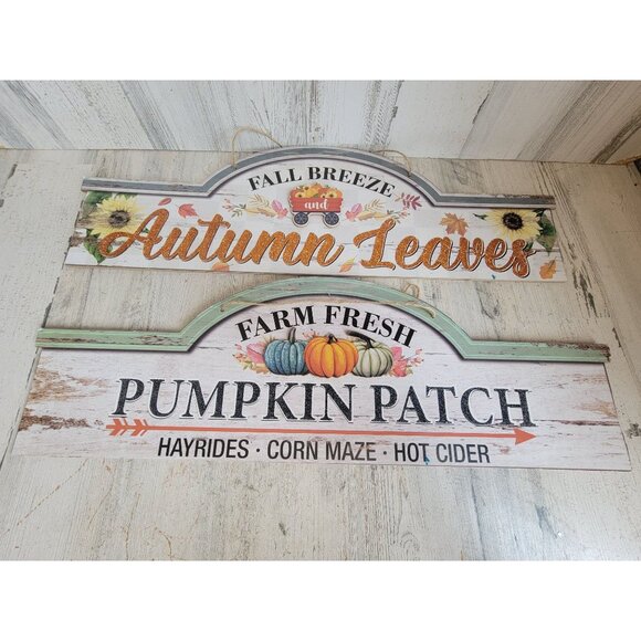 Fall breeze Autumn leaves hanging sign set decor pumpkin patch - Picture 1 of 8